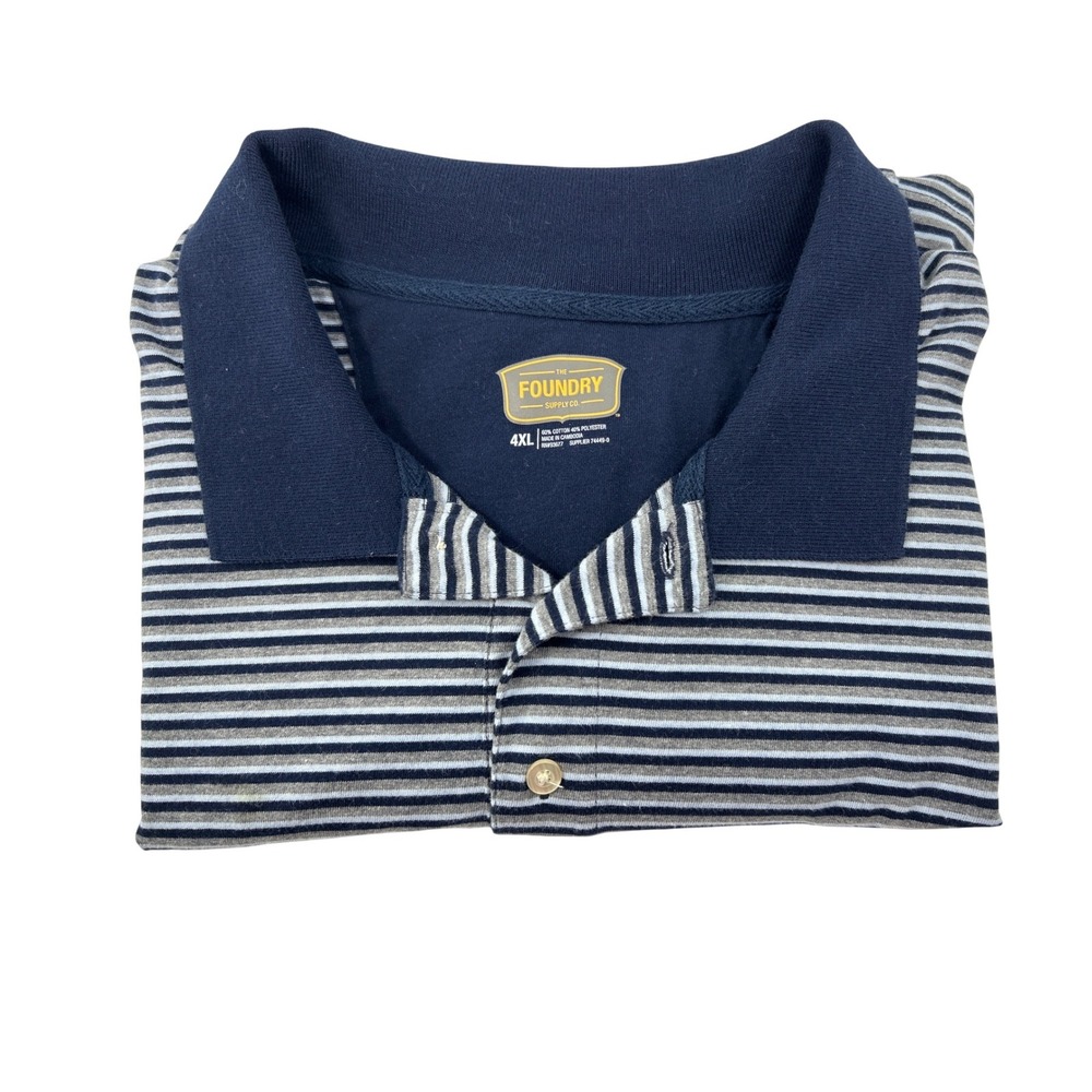 The Foundry Supply Co Mens 4XL Polo Shirt‎ Navy Blue Grey Striped Short Sleeve
